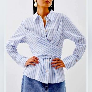 Karen Millen Wrap Bow-tie Cotton Poplin Stripes Button Down Cuff Sleeve Size 8